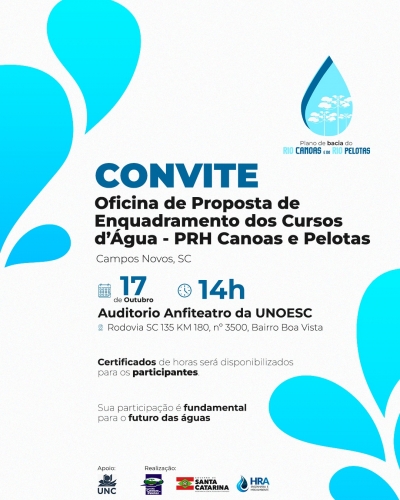 Oficina sobre Plano de Recursos Hídricos dos Rios Canoas e Pelotas terá primeira edição em Campos Novos