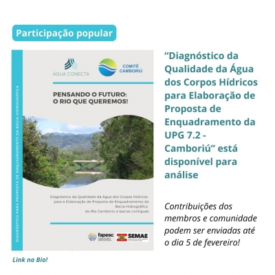 Diagnóstico da Qualidade da Água dos Corpos Hídricos para Elaboração de Proposta de Enquadramento da UPG 7.2 - Camboriú está disponível para análise