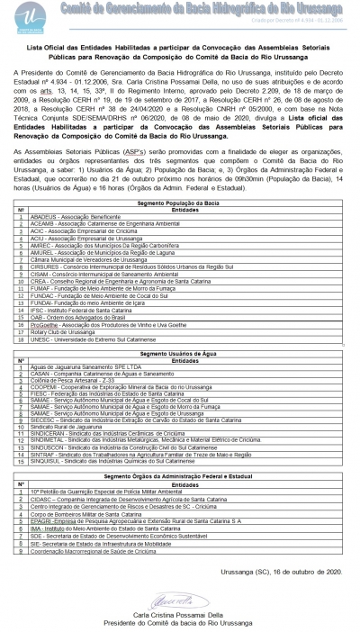 Lista Oficial das Entidades Habilitadas p/ Convocação das Assembleias Setoriais Públicas p/ Renovação da Composição do CBRUrussanga