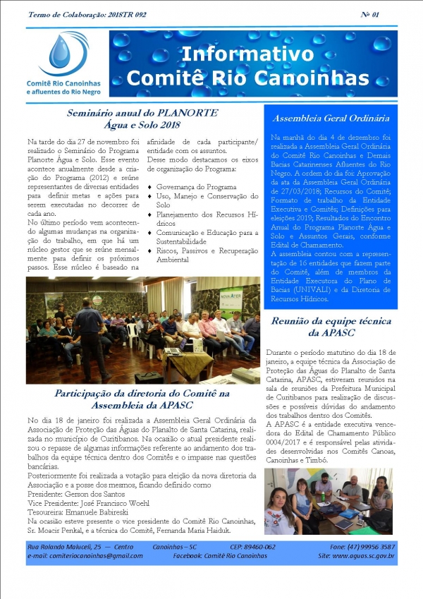 Informativo Comitê Canoinhas 01.2019