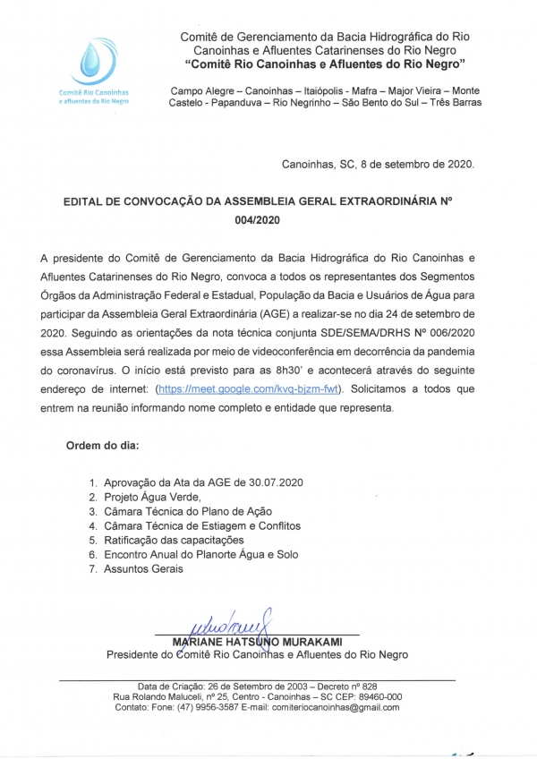 EDITAL DE CONVOCAÇÃO DA ASSEMBLEIA GERAL EXTRAORDINÁRIA Nº 004/2020