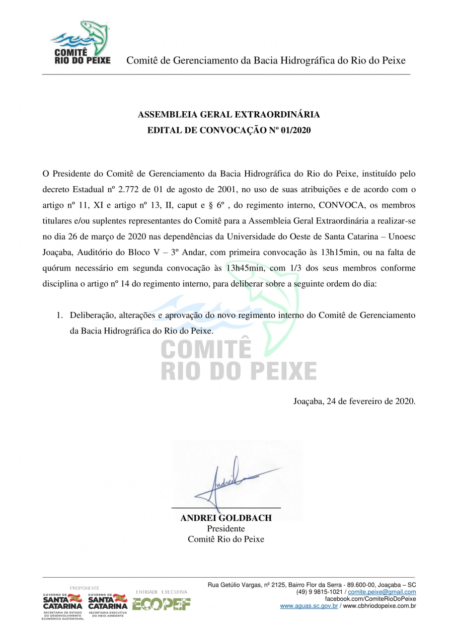 CONVOCAÇÃO: Assembleia Geral Extraordinária Comitê Rio do Peixe