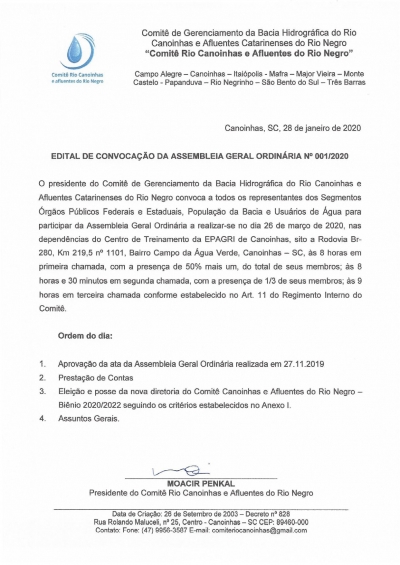EDITAL 01.2020 CONVOCAÇÃO PARA ASSEMBLEIA GERAL ORDINÁRIA DO COMITÊ CANOINHAS E AFLUENTES DO RIO NEGRO