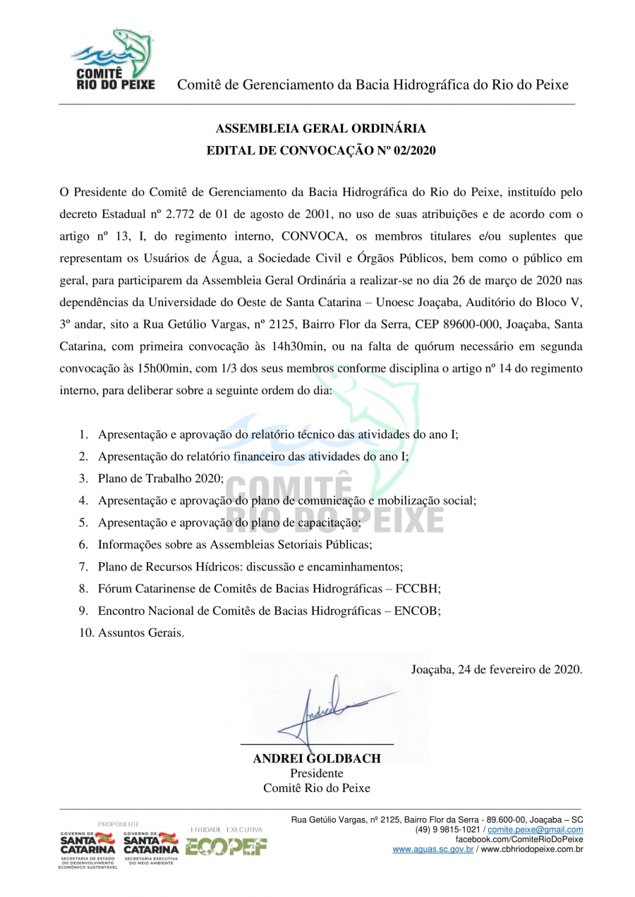 CONVOCAÇÃO: Assembleia Geral Ordinária Comitê Rio do Peixe