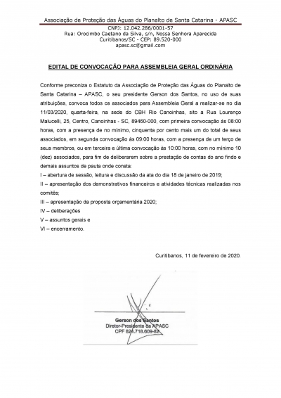 EDITAL DE CONVOCAÇÃO PARA ASSEMBLEIA GERAL ORDINÁRIA DA APASC
