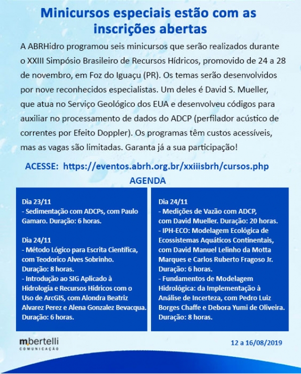 Inscrições abertas para mini cursos especiais no Simpósio Brasileiro de Recursos Hídricos