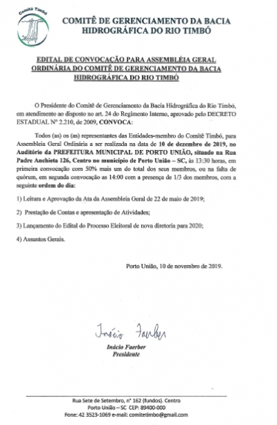 EDITAL DE CONVOCAÇÃO PARA ASSEMBLÉIA GERAL ORDINÁRIA DO COMITÊ DE GERENCIAMENTO DA BACIA HIDROGRÁFICA DO RIO TIMBÓ