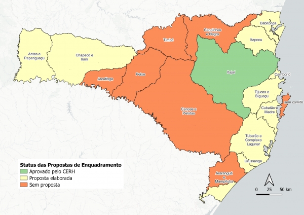 Figura 1. Situação do Enquadramento nos Planos de Recursos Hídricos do Estado de Santa Catarina, em setembro de 2020. Fonte: levantamento da SEMA/SDE, 2020.
