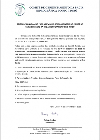 EDITAL DE CONVOCAÇÃO PARA ASSEMBLÉIA GERAL ORDINÁRIA DO COMITÊ DE GERENCIAMENTO DA BACIA HIDROGRÁFICA DO RIO TIMBÓ