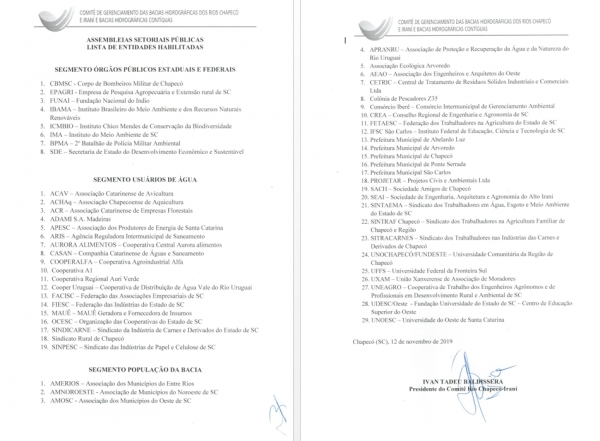 Comitê Rio Chapecó-Irani divulga lista de entidades habilitadas para as Assembleias Setoriais Públicas