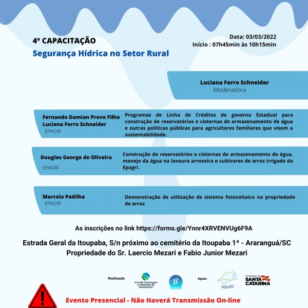 Segurança Hídrica no Setor Rural é o tema da capacitação promovido pelos comitês de bacia do extremo sul nesta quinta-feira (03/03)