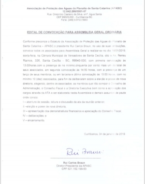 EDITAL DE CONVOCAÇÃO PARA ASSEMBLEIA GERAL ORDINÁRIA - Associação de Proteção das Águas do Planalto de Santa Catarina (APASC)