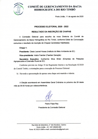 Resultado da Inscrição de Chapas Candidatas ao Processo Eleitoral 2020-2022
