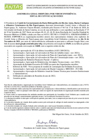 Edital de Convocação da AGO 03/2021 do Comitê Antas e Afluentes do Peperi-guaçu