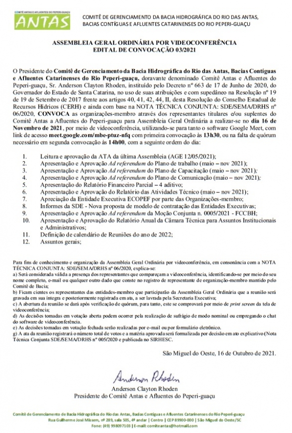 Edital de Convocação da AGO 03/2021 do Comitê Antas e Afluentes do Peperi-guaçu