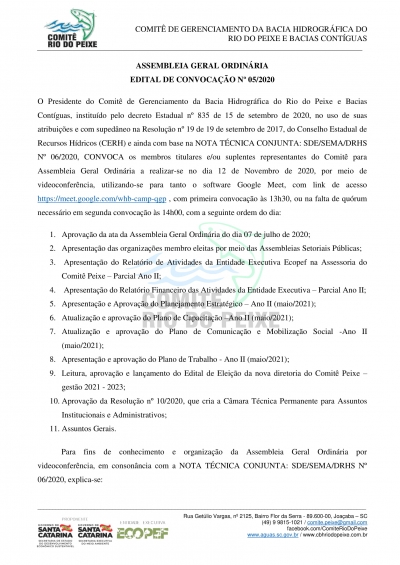 Lançado o edital da segunda Assembleia Geral Ordinária do Comitê Peixe em 2020