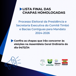 Lista final das chapas homologadas para o processo eleitoral do Comitê do Rio Timbó