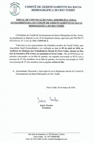 EDITAL DE CONVOCAÇÃO PARA ASSEMBLEIA GERAL EXTRAORDINÁRIA DO COMITÊ DE GERENCIAMENTO DA BACIA HIDROGRÁFICA DO RIO TIMBÓ