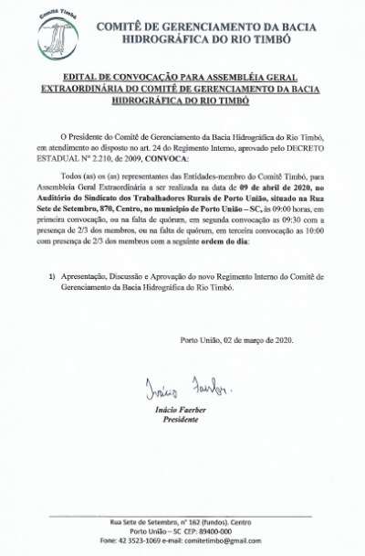 EDITAL DE CONVOCAÇÃO PARA ASSEMBLEIA GERAL EXTRAORDINÁRIA DO COMITÊ DE GERENCIAMENTO DA BACIA HIDROGRÁFICA DO RIO TIMBÓ