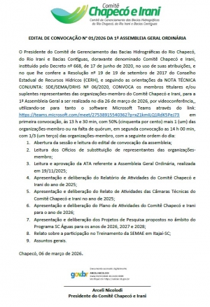 Comit&ecirc; Chapec&oacute; e Irani convoca 1&ordf; Assembleia Geral Ordin&aacute;ria de 2026