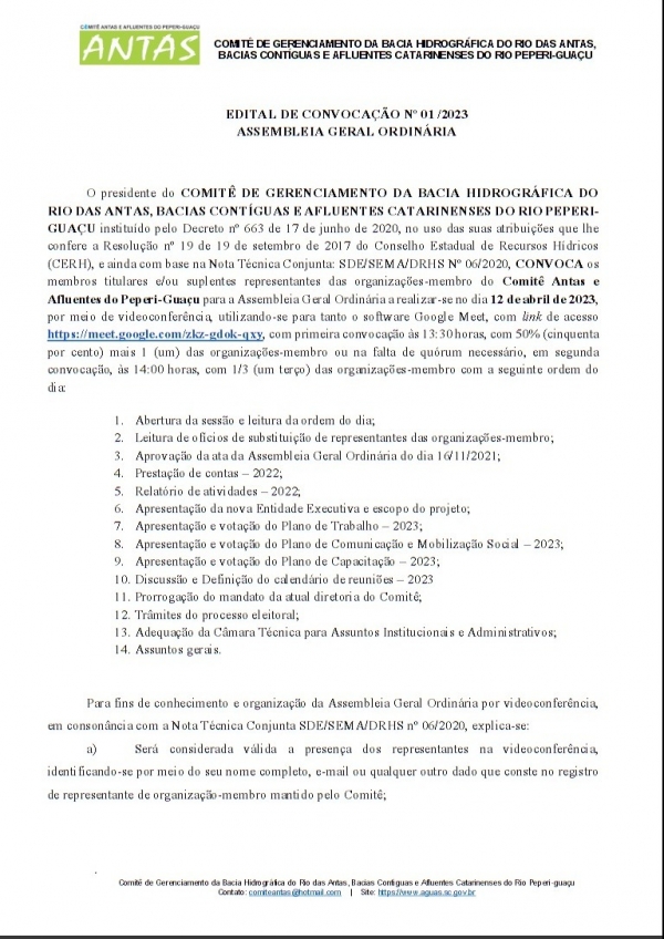 Comitê Antas e Peperi-guaçu convoca para 1ª Assembleia Geral Ordinária de 2023