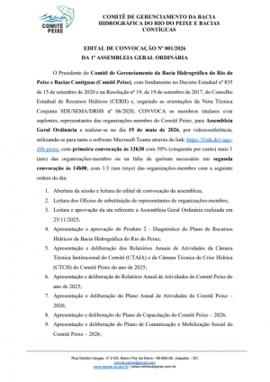 Comit&ecirc; Peixe convoca Assembleia com foco no Plano de Recursos H&iacute;dricos e planejamento para 2026