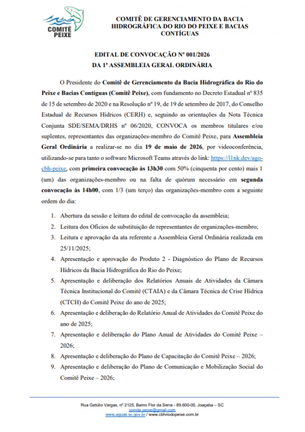 Comit&ecirc; Peixe convoca Assembleia com foco no Plano de Recursos H&iacute;dricos e planejamento para 2026