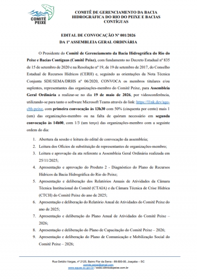 Comit&ecirc; Peixe convoca Assembleia com foco no Plano de Recursos H&iacute;dricos e planejamento para 2026
