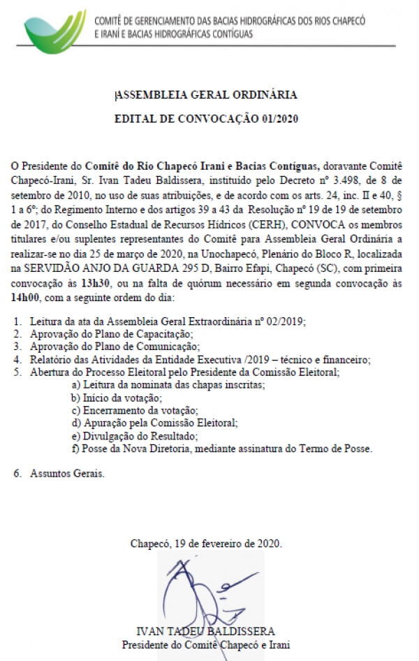 Comitê Chapecó Irani lança Edital para o Processo Eleitoral e convocação para Assembleia Geral Ordinária