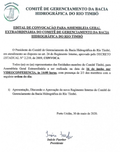 EDITAL DE CONVOCAÇÃO PARA ASSEMBLEIA GERAL EXTRAORDINÁRIA DO COMITÊ DE GERENCIAMENTO DA BACIA HIDROGRÁFICA DO RIO TIMBÓ