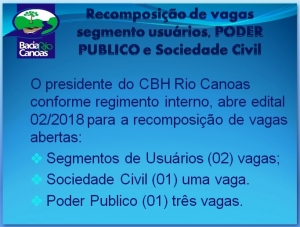 ABERTURA DE VAGAS PARA NOVAS INSTITUIÇÕES NO COMITÊ DA BACIA HIDROGRÁFICA DO RIO CANOAS