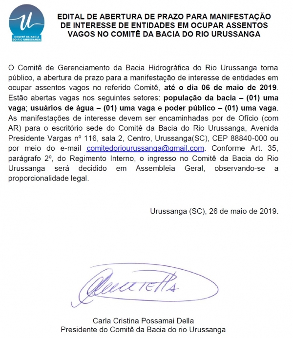 Assentos vagos no Comitê da Bacia do Rio Urussanga