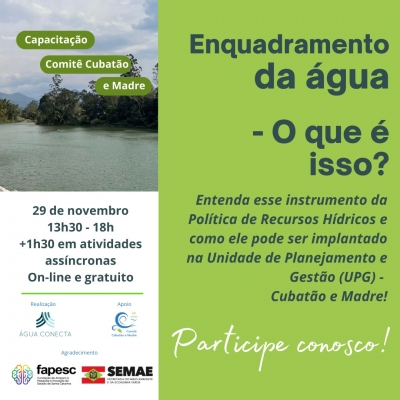Nova capacitação gratuita do Comitê Cubatão e Madre e Instituto Água Conecta!