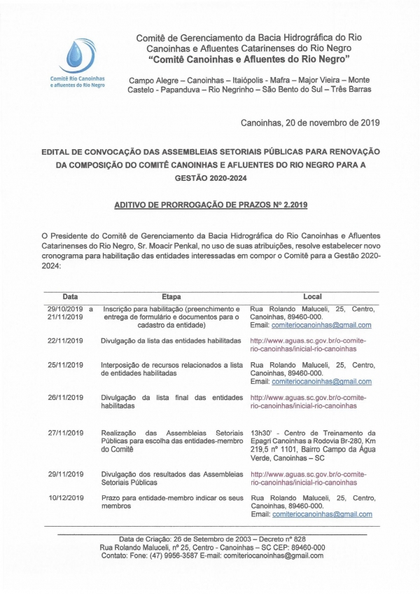 PRORROGADO ATÉ HOJE (21) O PRAZO PARA AS ENTIDADES SE HABILITAREM ÀS VAGAS DISPONÍVEIS JUNTO AO COMITÊ CANOINHAS E AFLUENTES DO RIO NEGRO.