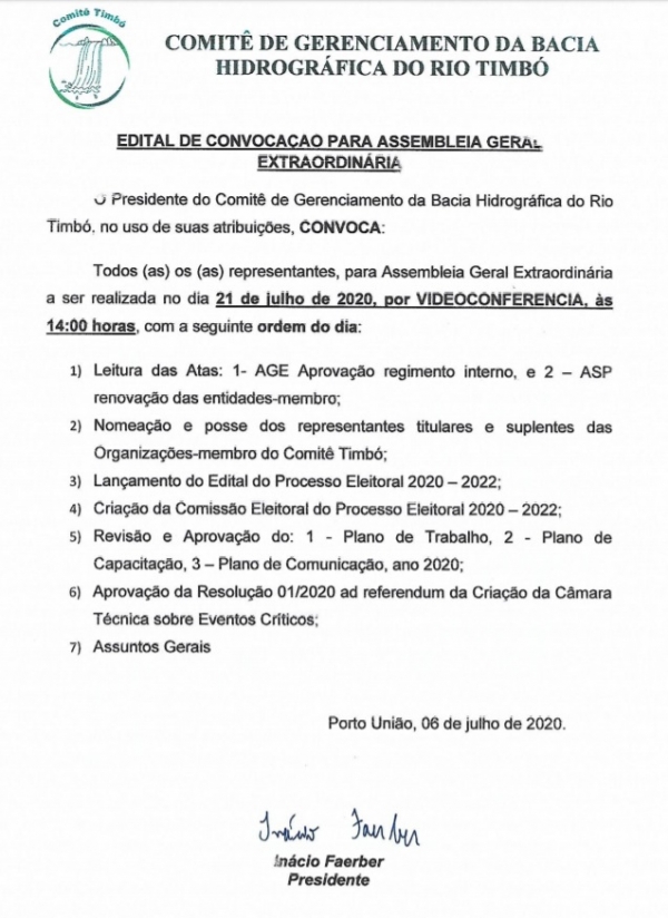 Edital de Convocação para Assembleia Geral Extraordinária 21/07/2020