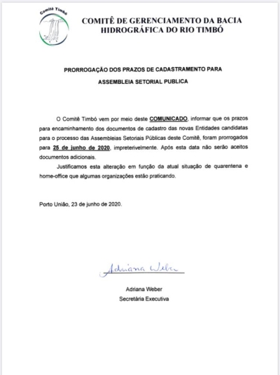 Comunicado - Prorrogação do prazo de envio de documentos para Assembleia Setorial Público