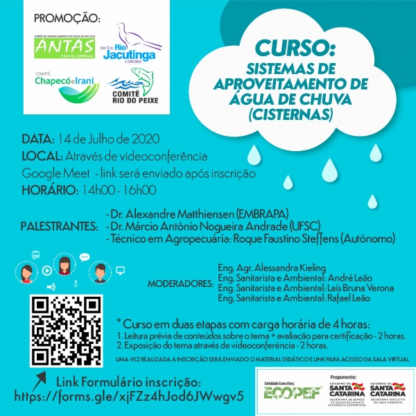 Inscrições abertas para o curso de capacitaçãosobre &quot;Sistemas de aproveitamento de água da chuva (cisternas)&quot;