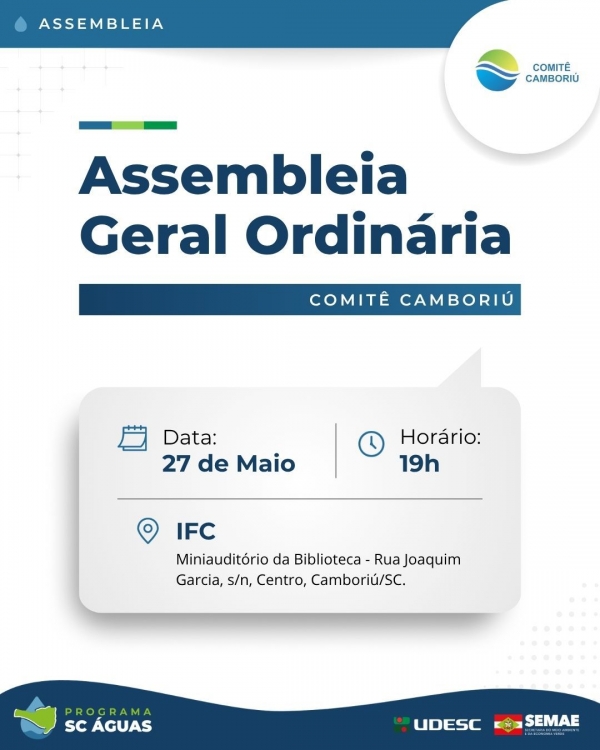 Comit&ecirc; Cambori&uacute; realizar&aacute; 25&ordf; Assembleia Geral Ordin&aacute;ria em 27 de maio