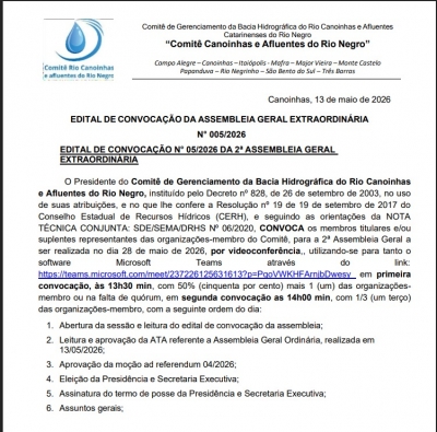 Comit&ecirc; Canoinhas realizar&aacute; 2&ordf; Assembleia Geral Extraordin&aacute;ria com nova elei&ccedil;&atilde;o para presid&ecirc;ncia e secretaria executiva