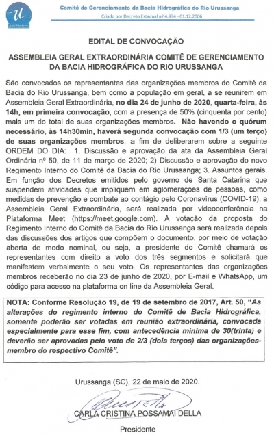 Nova Convocação Assembleia Videoconferência 24/06/2020