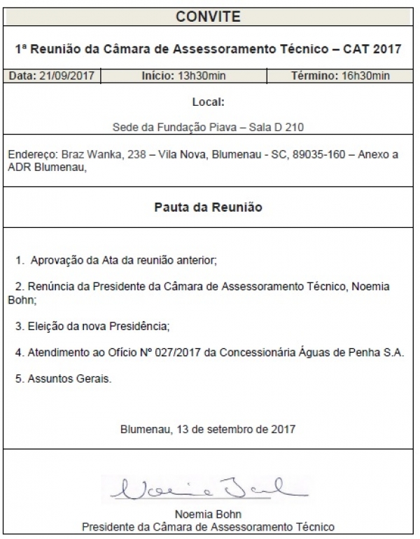 Convocação para a 1ª Reunião da Câmara de Assessoramento Técnico – CAT 2017