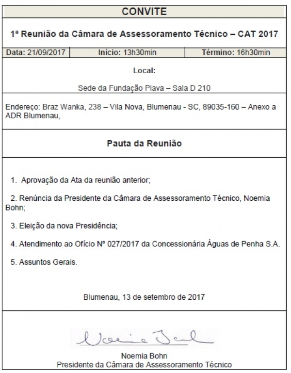 Convocação para a 1ª Reunião da Câmara de Assessoramento Técnico – CAT 2017