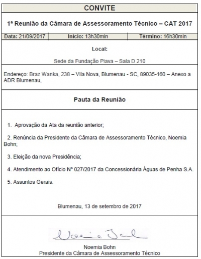 Convocação para a 1ª Reunião da Câmara de Assessoramento Técnico – CAT 2017