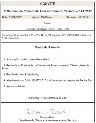 Convocação para a 1ª Reunião da Câmara de Assessoramento Técnico – CAT 2017