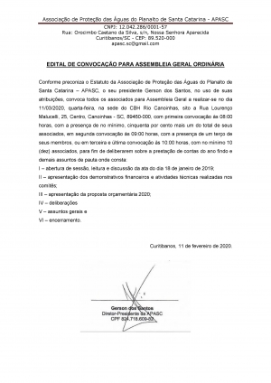 EDITAL DE CONVOCAÇÃO PARA ASSEMBLEIA GERAL ORDINÁRIA DA APASC