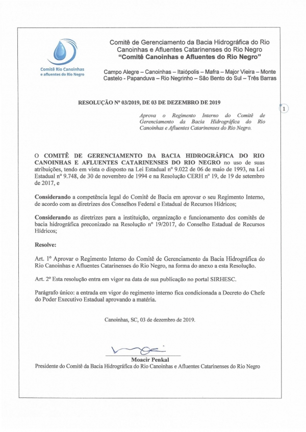 REGIMENTO INTERNO DO COMITÊ CANOINHAS E AFLUENTES DO RIO NEGRO É ENCAMINHADO AO CERH