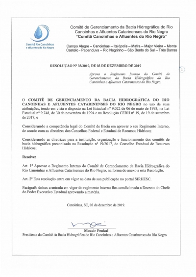 REGIMENTO INTERNO DO COMITÊ CANOINHAS E AFLUENTES DO RIO NEGRO É ENCAMINHADO AO CERH