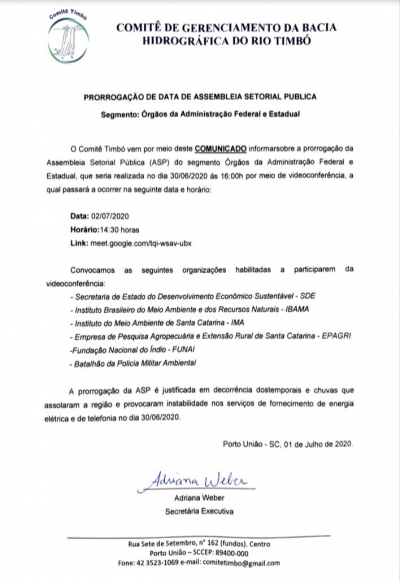 Convocação ASP Comitê Timbó - Segmento Órgãos Públicos Federais e Estaduais