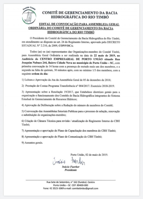 Convocação Assembleia Geral Ordinária CBH Timbó