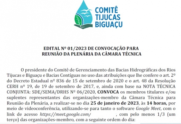 Convocação para reunião da Câmara Técnica do Comitê Tijucas-Biguaçu